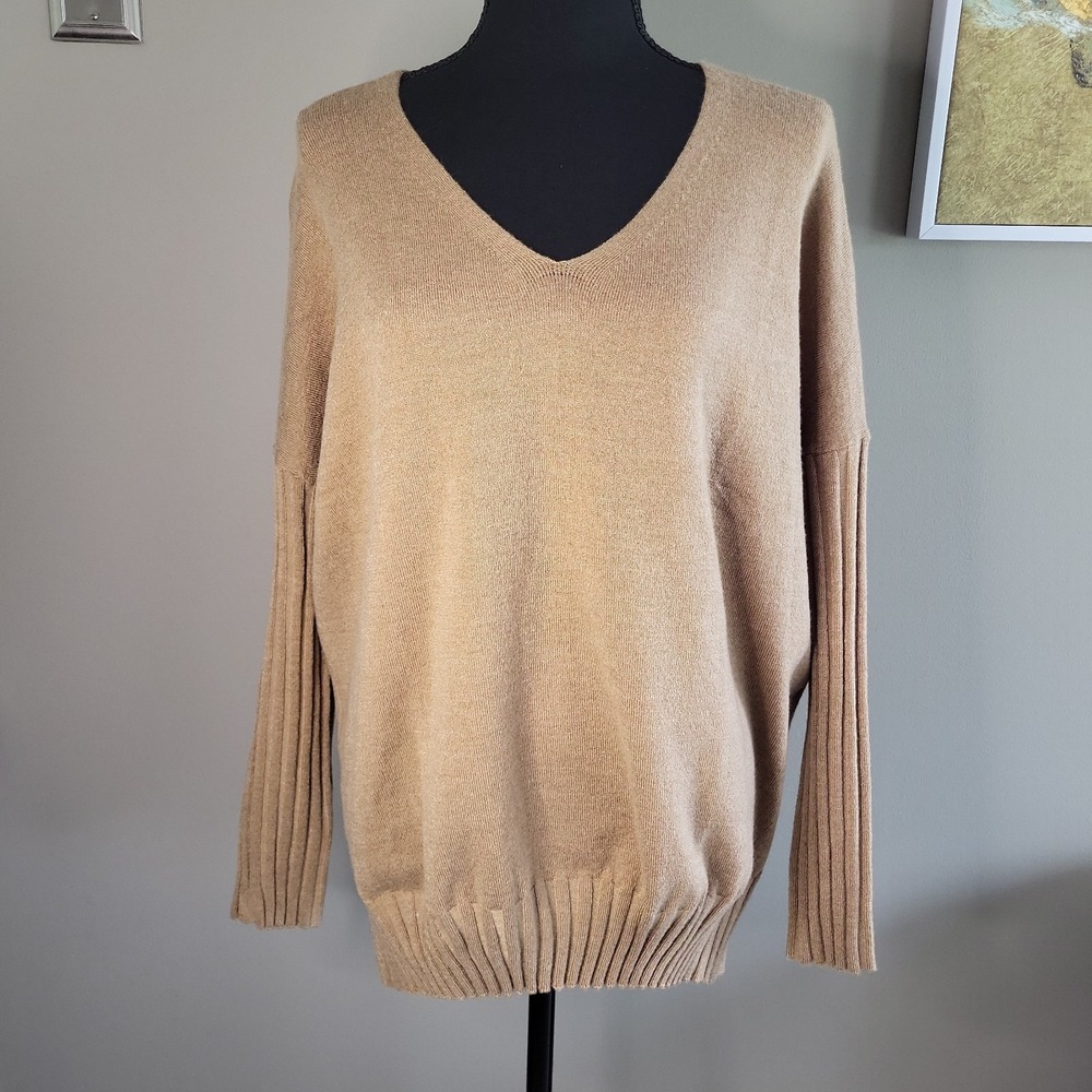 French Connection Womens L Camel V-Neck Rib Sleeve Knit Sweater Relaxed Pullover